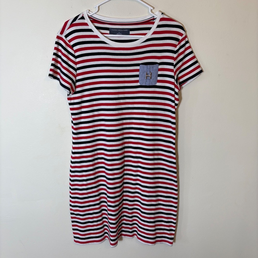 Tommy Hilfiger Striped T-Shirt Dress Blue Pocket Red White Size Medium